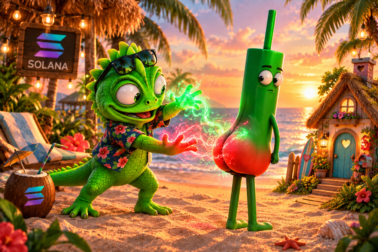 Lulu the chameleon coloring the market on a tropical Solana beach at sunset